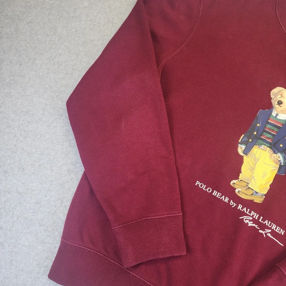 Polo Ralph Lauren Bear Mens Large Crewneck Fleece Sweater Sweatshirt Burgundy - Picture 3 of 9